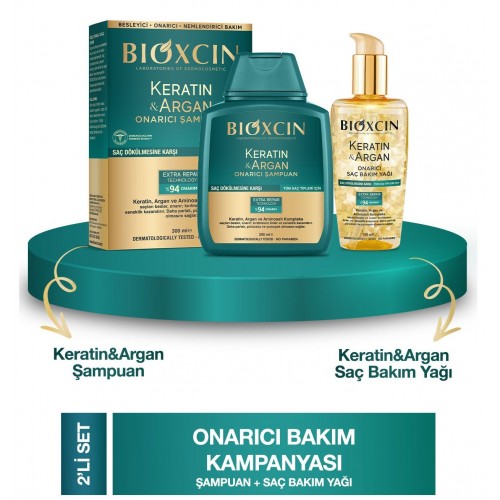 Bioxcin Keratin Argan Şampuan 300 ml + Keratin Argan Saç Bakım Yağı